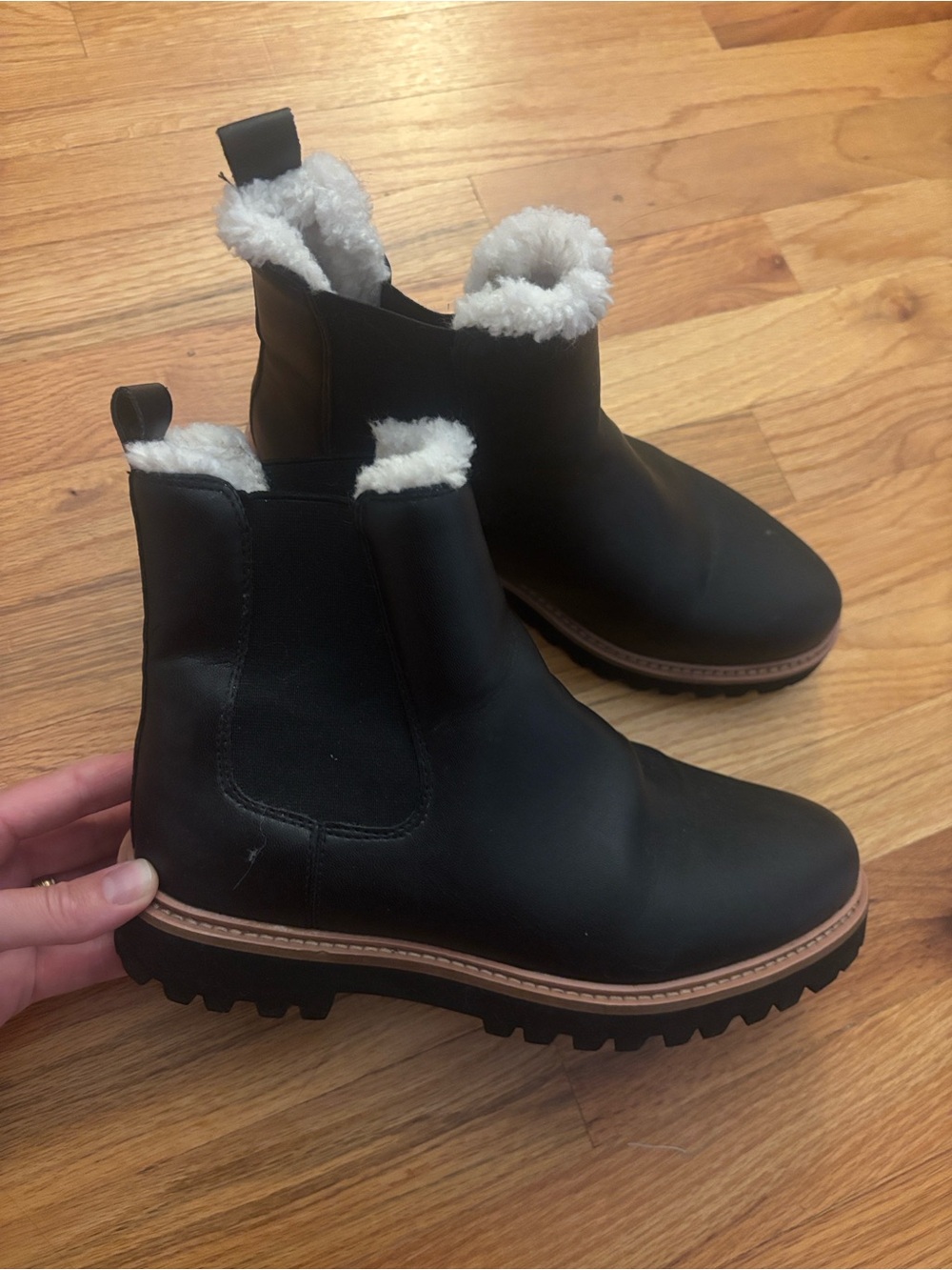 J. Crew Black Leather Ankle Boots with White Shearling Trim